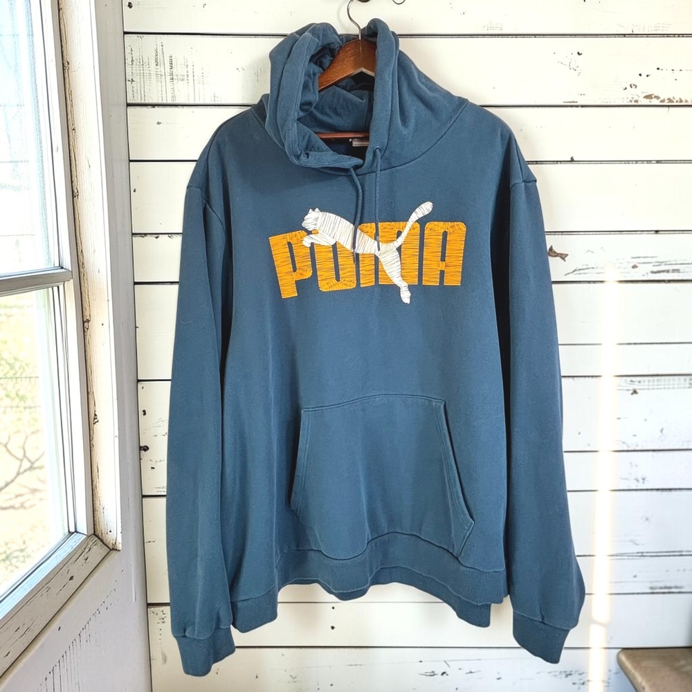 Hoodie Puma 4XL Blue Teal Cotton Poly Big Center Logo Sweatshirt Kangaroo Pocket